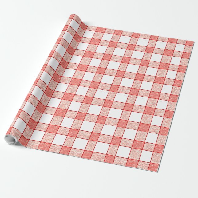 Red and White Large Gingham Checkerboard Pattern Wrapping Paper (Unrolled)