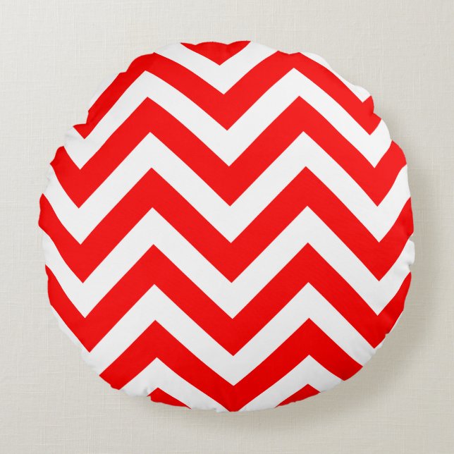 Red and White Large Size Chevron Stripes Round Pillow (Front)