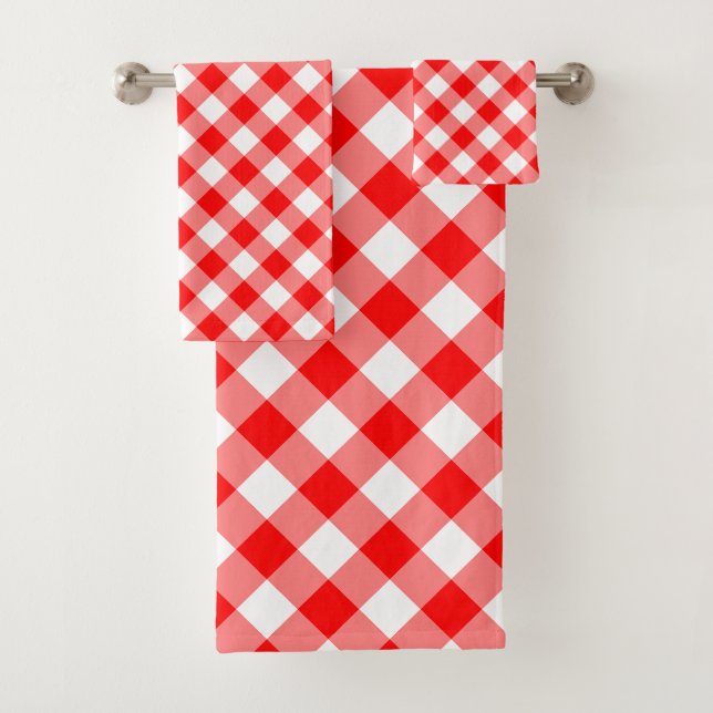 Red and White Large Size Diagonal Gingham Checks Bath Towel Set (Insitu)