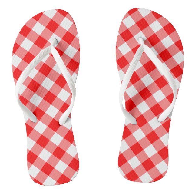 Red and White Large Size Diagonal Gingham Checks Flip Flops (Footbed)