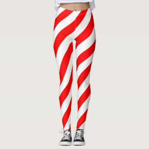 Red and White Large Size Diagonal Stripes Leggings