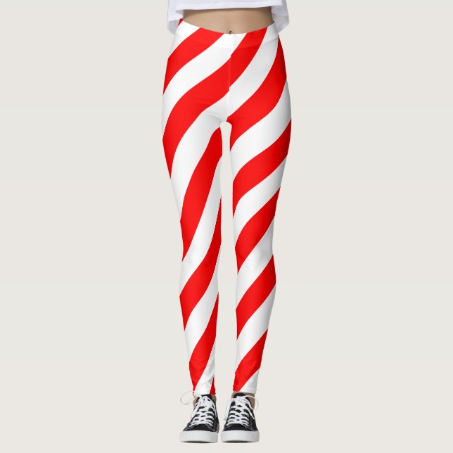 Red and White Large Size Diagonal Stripes Leggings (Front)