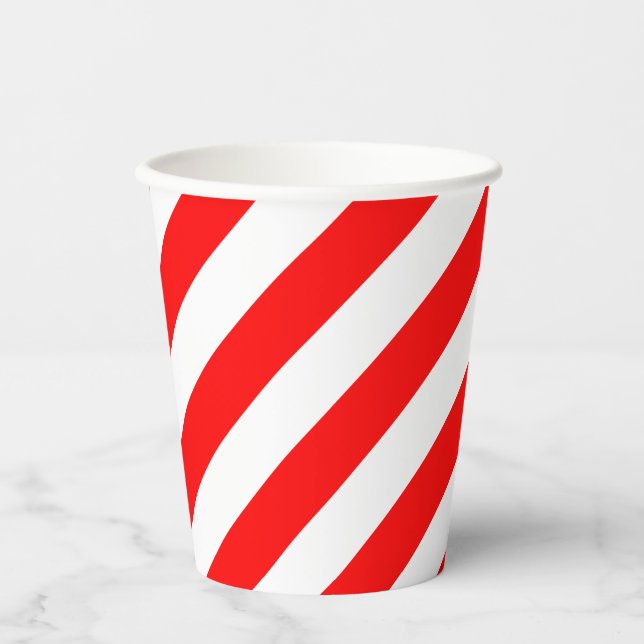 Red and White Large Size Diagonal Stripes Paper Cups (Front)