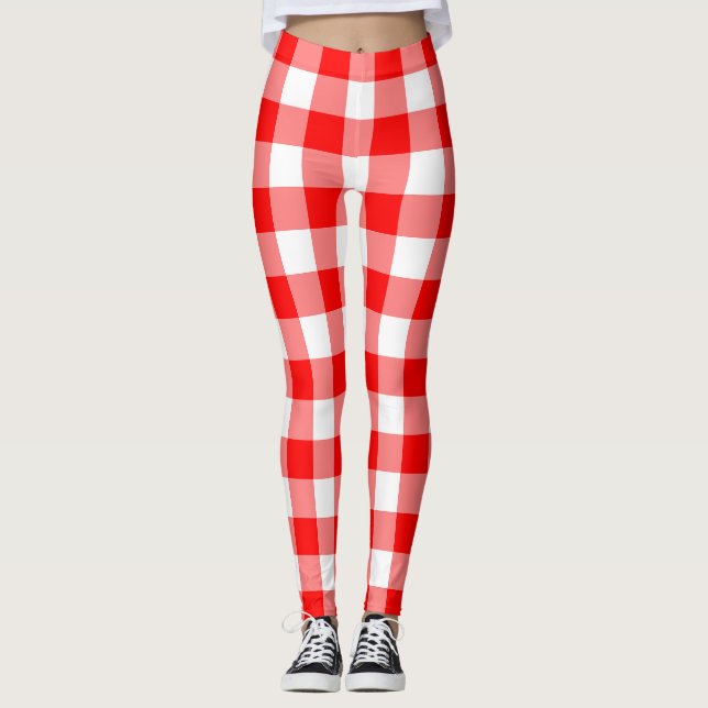 Red and White Large Size Gingham Checks Leggings (Front)