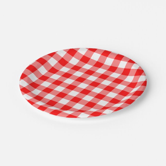 Red and White Large Size Gingham Checks Paper Plates (Angled)