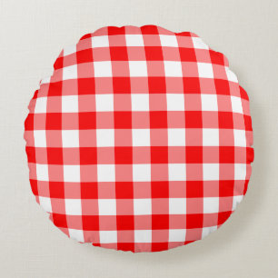 Red and White Large Size Gingham Checks Round Pillow
