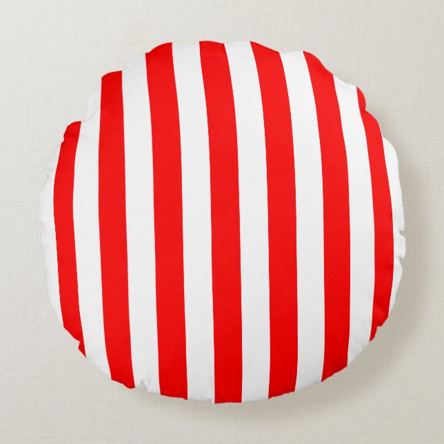 Red and White Large Size Stripes Round Pillow (Front)