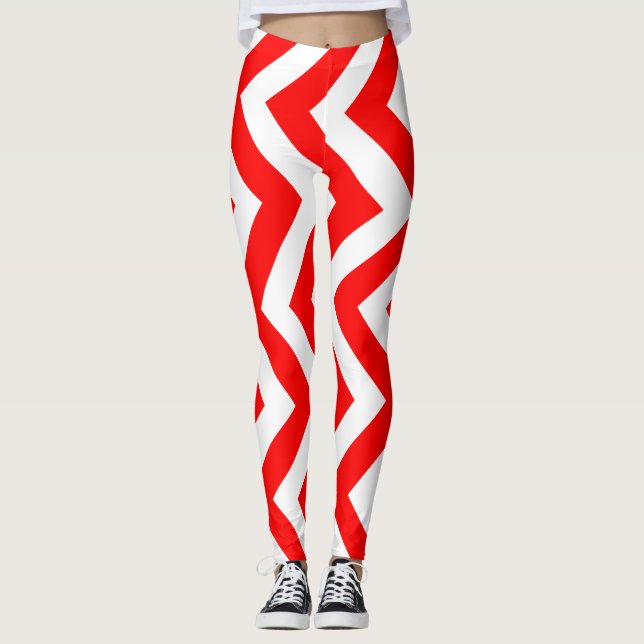Red and White Large Size Vertical Chevron Leggings (Front)