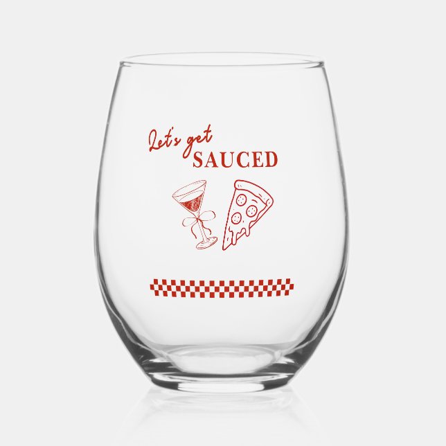 Red and White Let's Get Sauced Bachelorette  Stemless Wine Glass (Front)