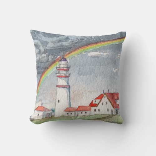 Red and White Lighthouse and Rainbow Throw Pillow