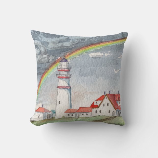 Red and White Lighthouse and Rainbow Throw Pillow (Front)
