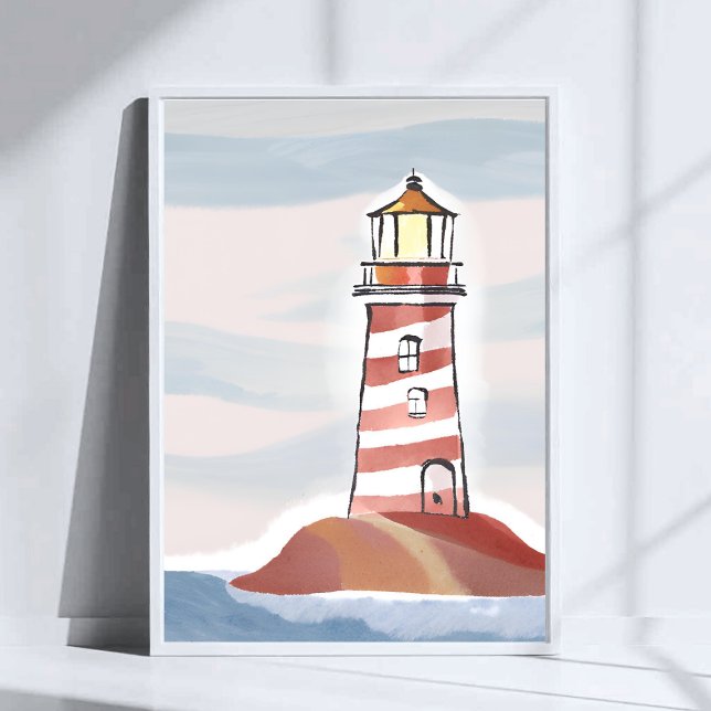 Red and White Lighthouse | Beach Ocean Watercolor Poster (Creator Uploaded)