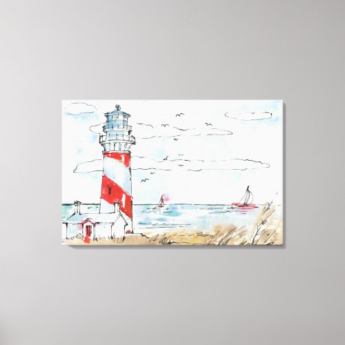 Red and White Lighthouse Scene Canvas Print