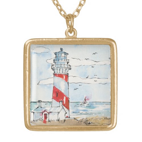 Red and White Lighthouse Scene Gold Plated Necklace