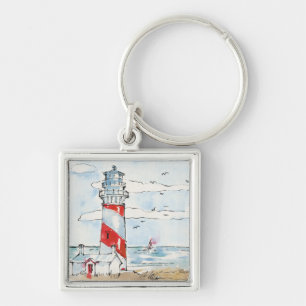 Red and White Lighthouse Scene Keychain