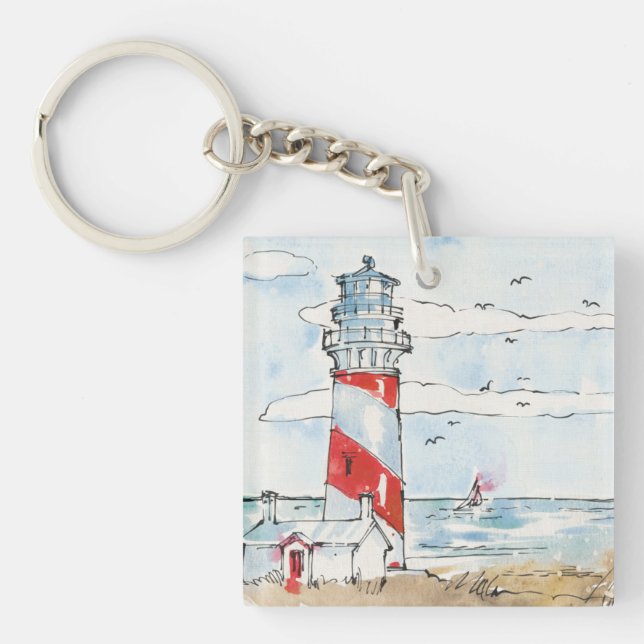 Red and White Lighthouse Scene Keychain (Front)