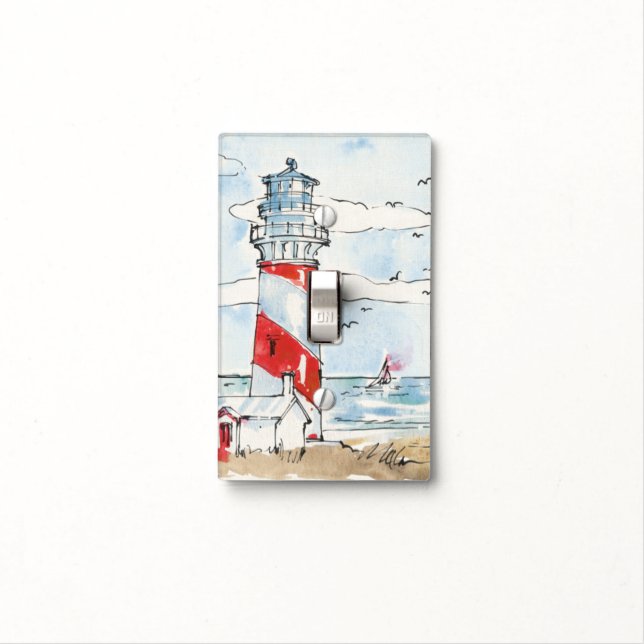 Red and White Lighthouse Scene Light Switch Cover (In Situ)