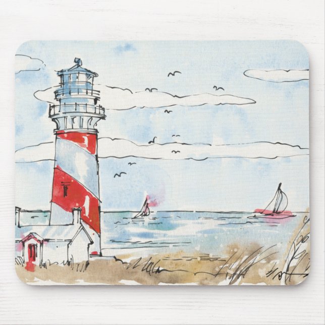 Red and White Lighthouse Scene Mouse Pad (Front)