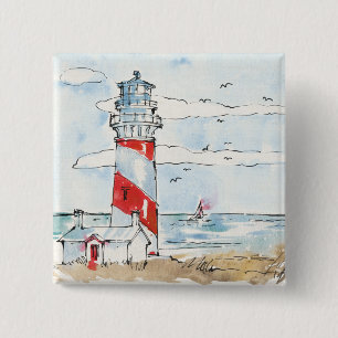 Red and White Lighthouse Scene Pinback Button