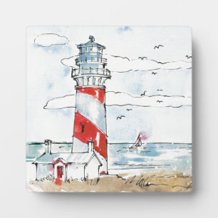 Red and White Lighthouse Scene Plaque