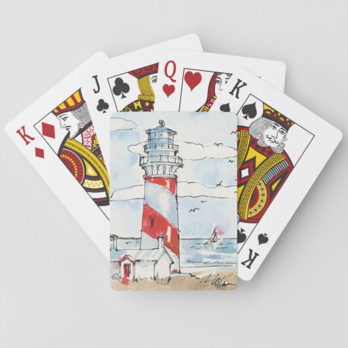 Red and White Lighthouse Scene Playing Cards