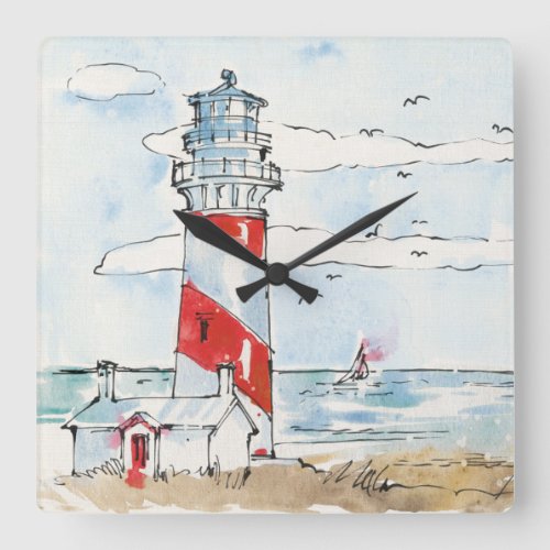 Red and White Lighthouse Scene Square Wall Clock