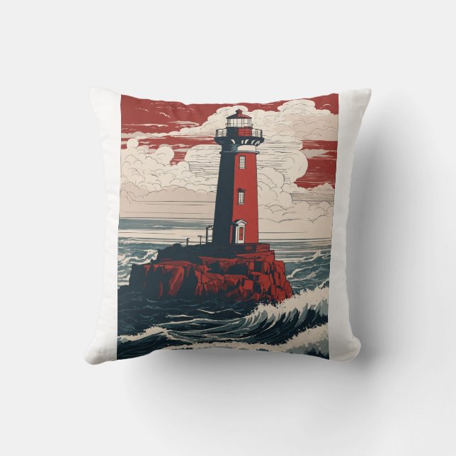 Red and White Lighthouse Standing on a Rocky Outcr Throw Pillow (Back)