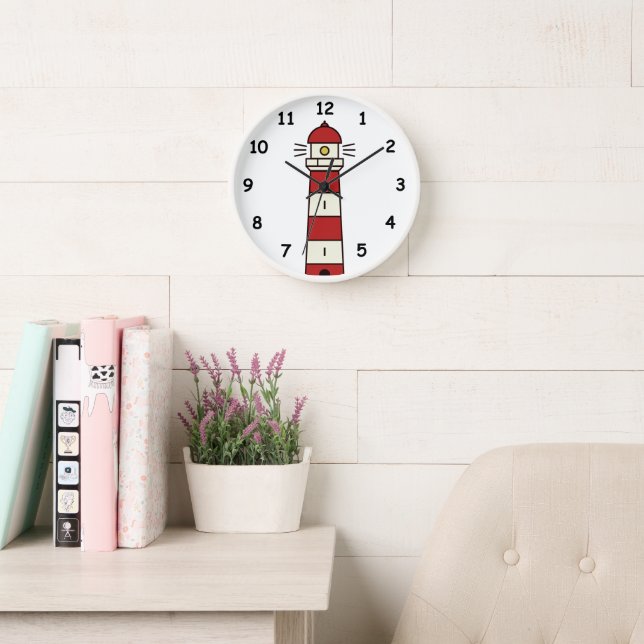 Red and white lighthouse watchtower wall clock (Reading Room)
