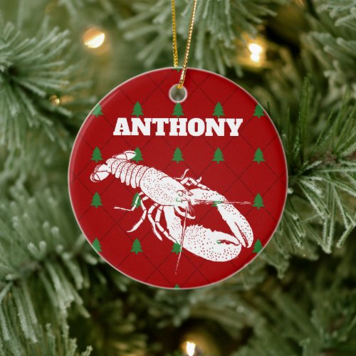Red and White Lobster Personalized Christmas Ceramic Ornament