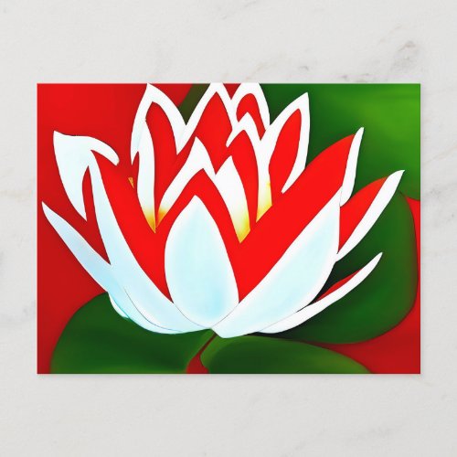 Red and white lotus  flower with green leaves postcard