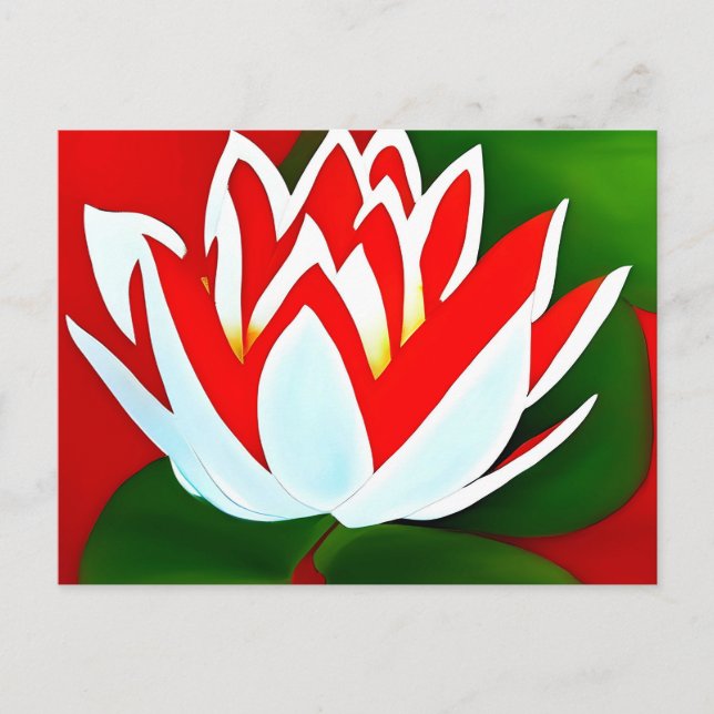 Red and white lotus  flower with green leaves postcard (Front)