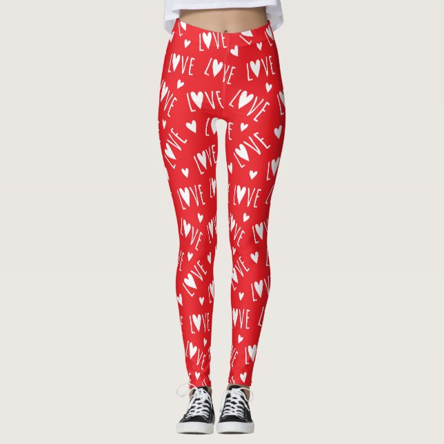Red and White LOVE Script Leggings (Front)