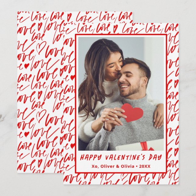 Red and White Love Valentines Day Photo  Holiday Card (Front/Back)
