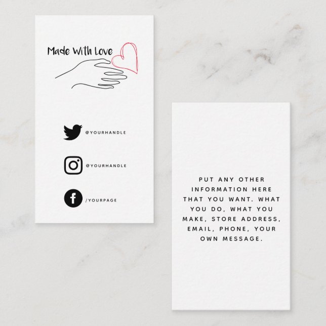 Red and white made with love heart, social links enclosure card (Front/Back)