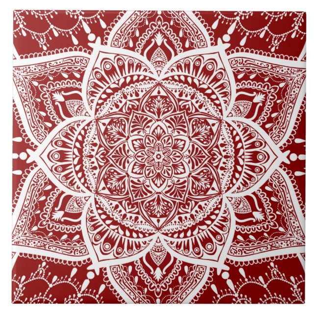 Red and White Mandala - Loergann in Raspberry Ceramic Tile (Front)
