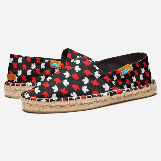 red and white Maple leaves on Black Espadrilles (Angled)
