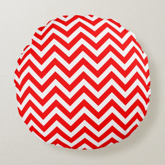 Red and White Medium Size Chevron Stripes Round Pillow (Front)