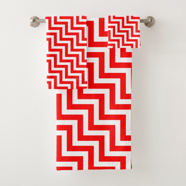 Red and White Medium Size Diagonal Chevron Bath Towel Set (Insitu)