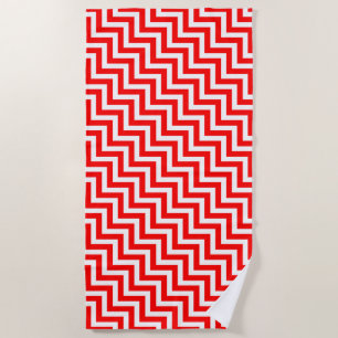 Red and White Medium Size Diagonal Chevron Stripes Beach Towel