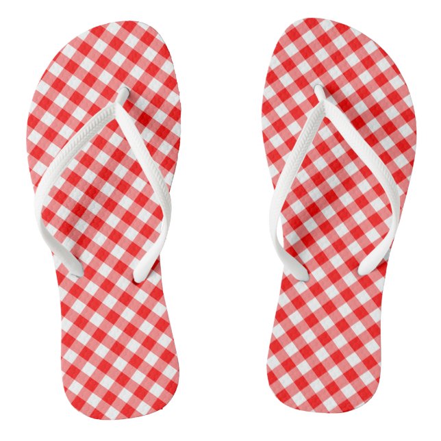 Red and White Medium Size Diagonal Gingham Checks Flip Flops (Footbed)