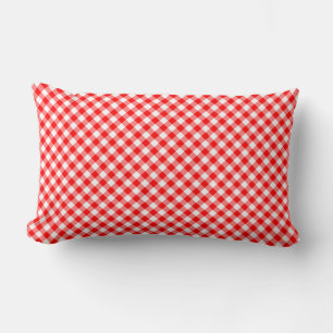 Red and White Medium Size Diagonal Gingham Checks Lumbar Pillow