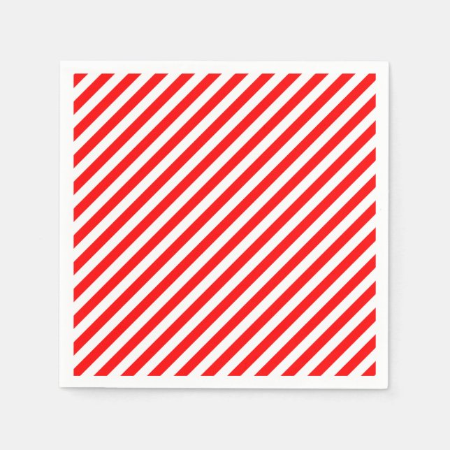 Red and White Medium Size Diagonal Stripes Paper Napkins (Front)