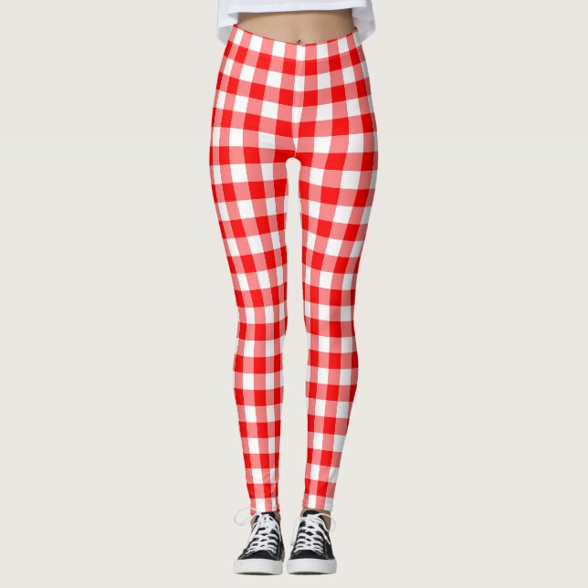 Red and White Medium Size Gingham Checks Leggings (Front)