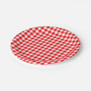 Red and White Medium Size Gingham Checks Paper Plates