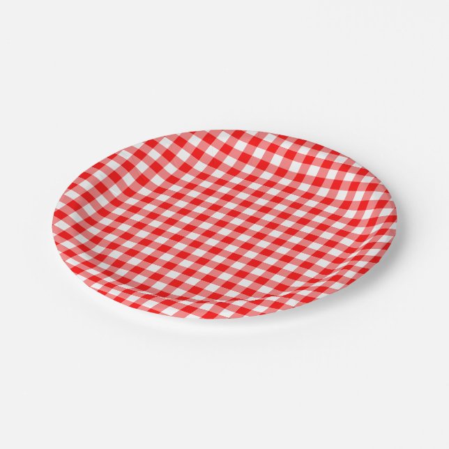 Red and White Medium Size Gingham Checks Paper Plates (Angled)