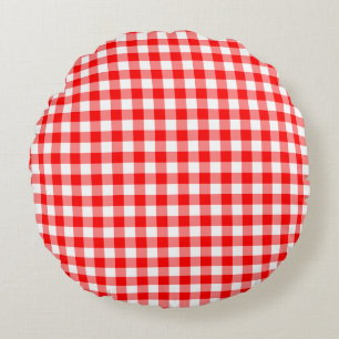 Red and White Medium Size Gingham Checks Round Pillow
