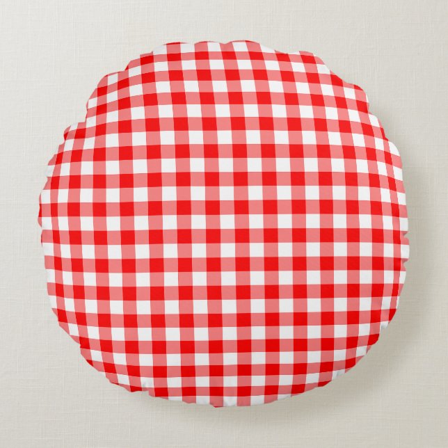 Red and White Medium Size Gingham Checks Round Pillow (Front)