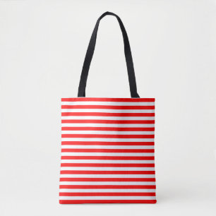 Red and White Medium Size Horiz. Stripes Pattern Tote Bag