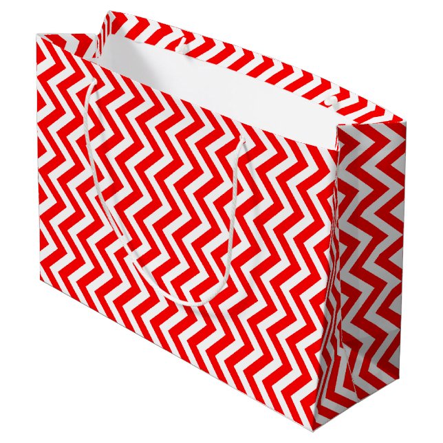 Red and White Medium Size Vertical Chevron Large Gift Bag (Back Angled)