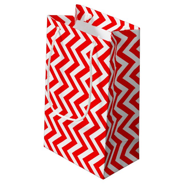 Red and White Medium Size Vertical Chevron Small Gift Bag (Back Angled)
